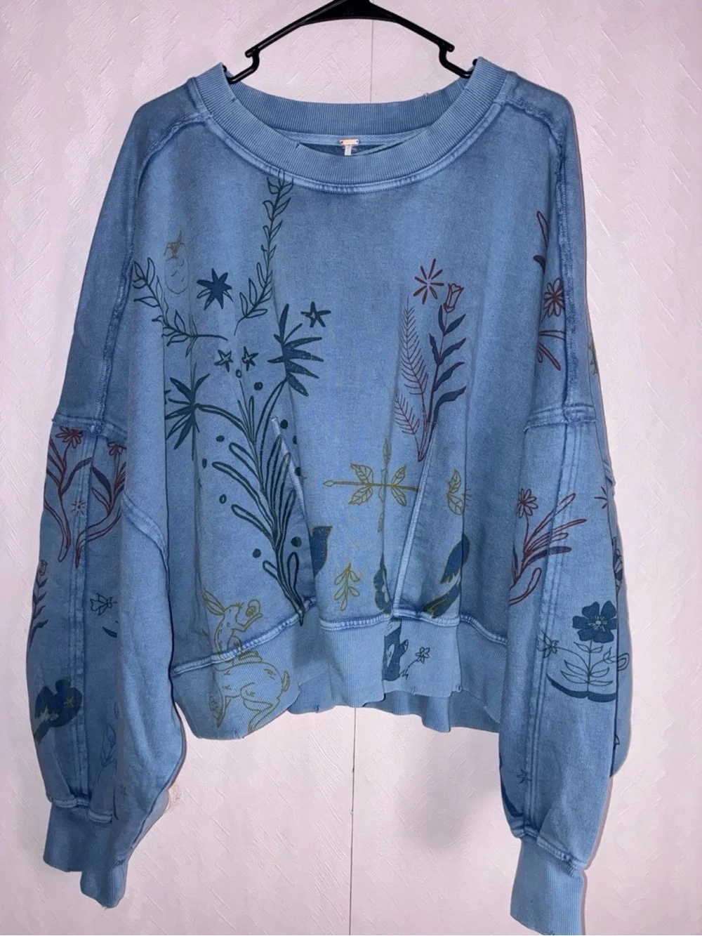 NWT Free People Gaia Floral bird blue Women's oversized Sweater sweatshirt crop